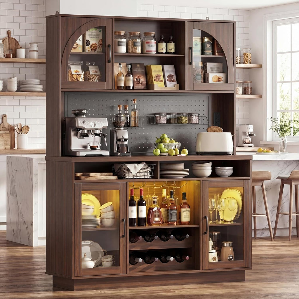 Kitchen Pantry Storage Cabinet, 71" Tall Kitchen Cabinets with Countertop & Shelves, Coffee Bar Cabinet with Charging Station/LED Light, Pantry Cabinets for Kitchen Storage,Walnut