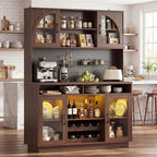 Kitchen Pantry Storage Cabinet, 71" Tall Kitchen Cabinets with Countertop & Shelves, Coffee Bar Cabinet with Charging Station/LED Light, Pantry Cabinets for Kitchen Storage,Walnut