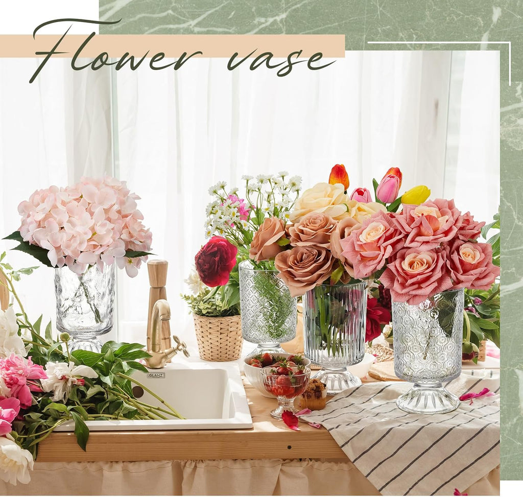 6 Pcs (H: 7" W: 4") Embossed Flower Vase Pedestal Glass Vase Big Base Thickened Crystal Vintage Vases for Wedding Party Home Decor Table Centerpiece House Warming Gifts (Clear,Classic)
