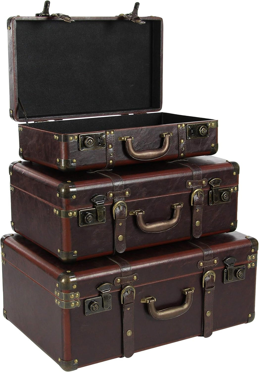 Deco 79 Faux Leather Decorative Trunk Nesting Upholstered Decorative Large Boxes with Vintage Accents and Studs, Set of 3 Storage Trunks 18", 21", 23"W, Brown