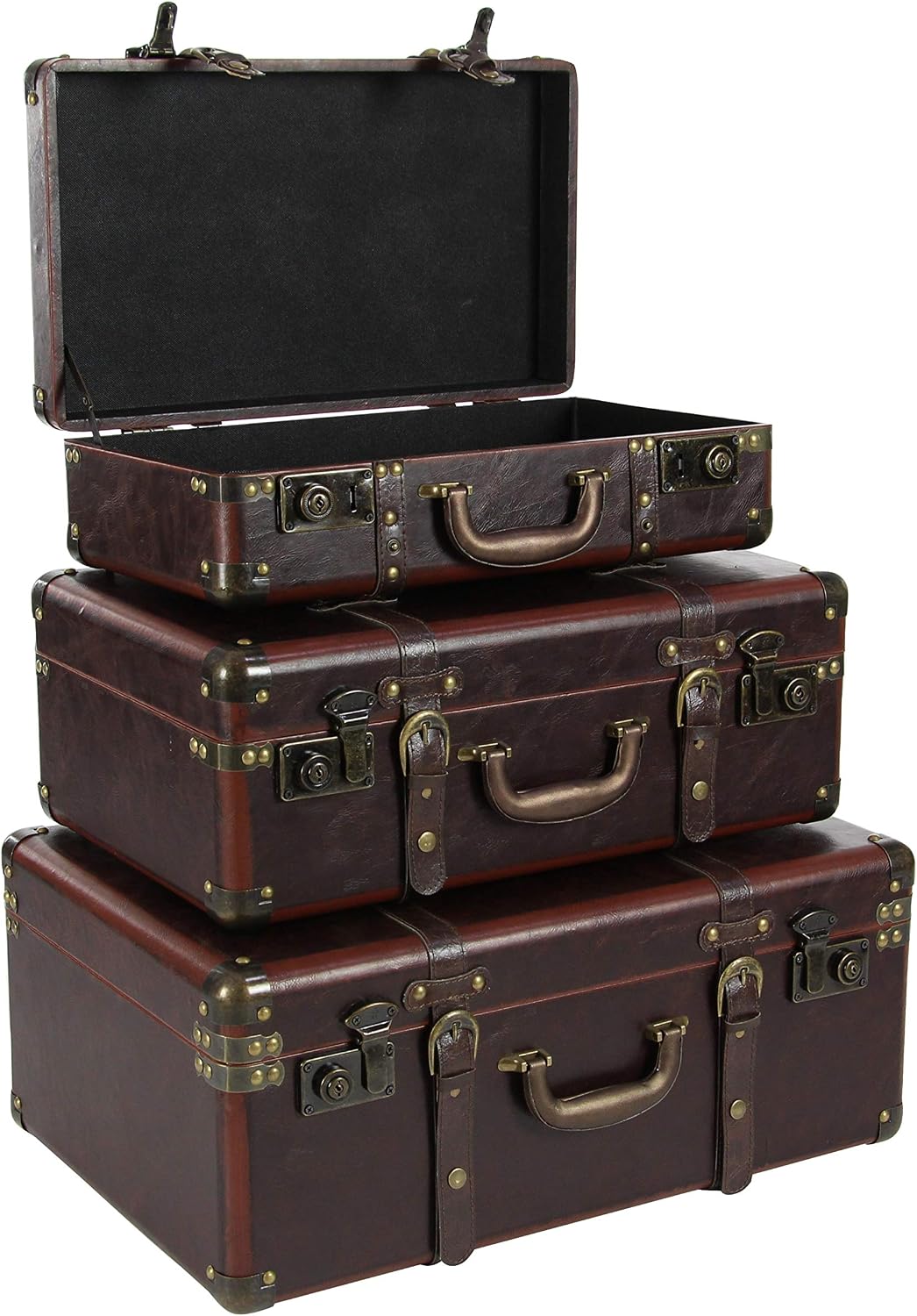 Deco 79 Faux Leather Decorative Trunk Nesting Upholstered Decorative Large Boxes with Vintage Accents and Studs, Set of 3 Storage Trunks 18", 21", 23"W, Brown