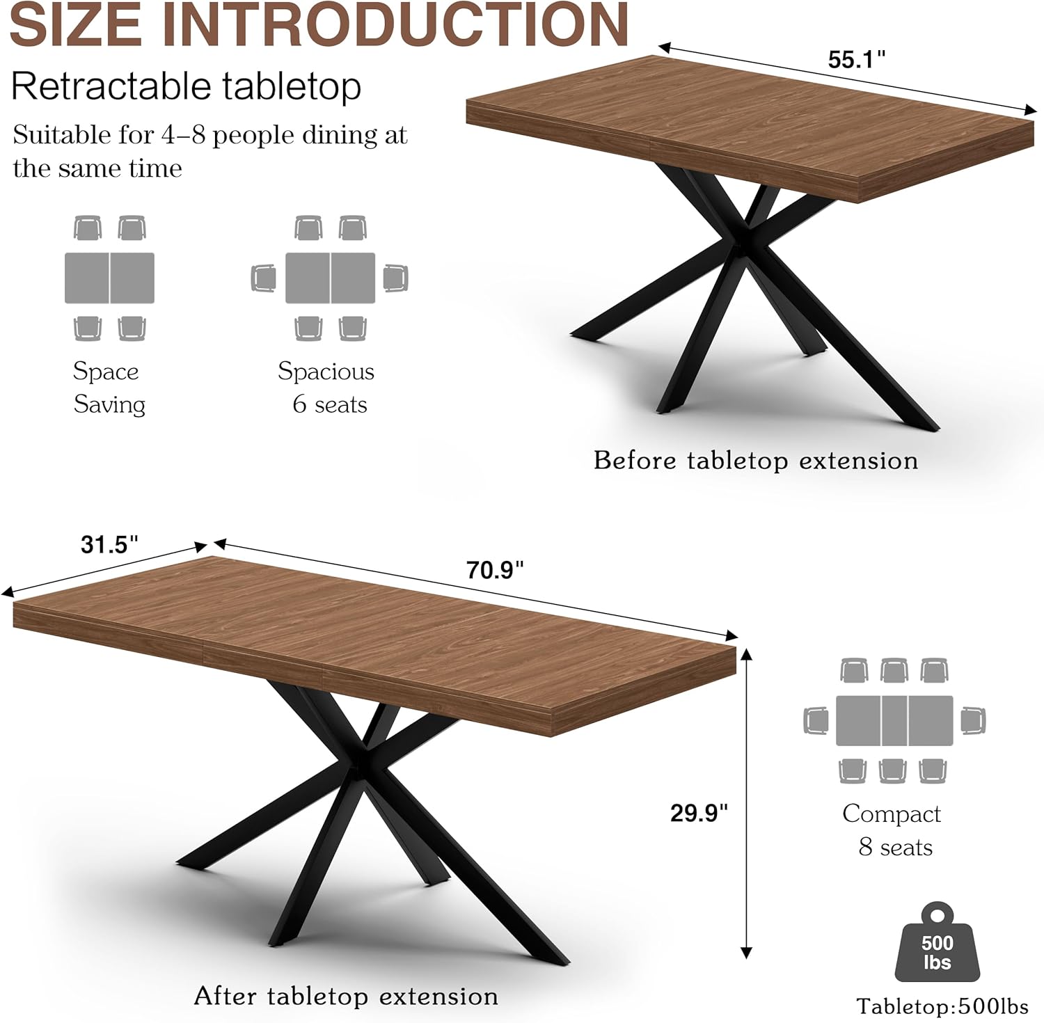 Extendable Dining Room Table for 4-6-8, Large 55''-70.9'' Wood Rectangle Expandable Dining Table with Hidden Storage, Space Saving Farmhouse Kitchen Table for Dining Room Kitchen Office,Walnut