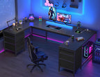 DurayLoly 67" U Shaped Gaming Corner Desk with Power Outlets & LED Lights,Computer Desk with 6 Drawers & File Cabinets,Home Office Desks Study Writing Table for Bedroom,Living Room,Black