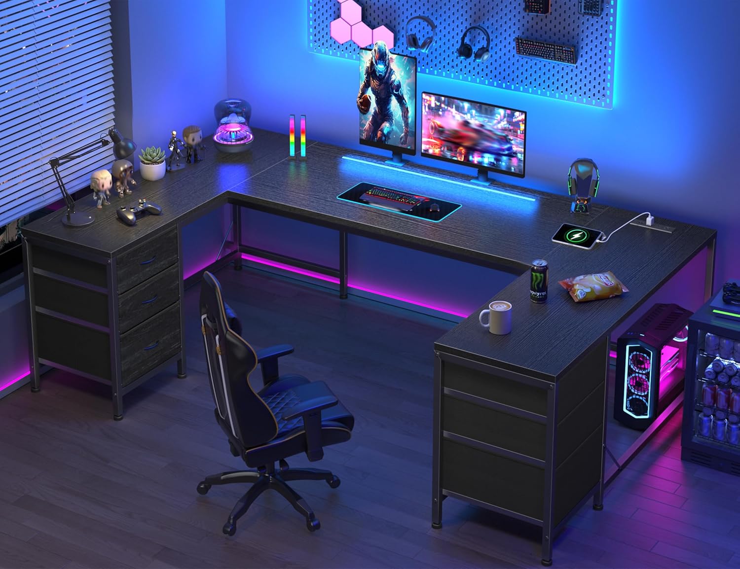 DurayLoly 67" U Shaped Gaming Corner Desk with Power Outlets & LED Lights,Computer Desk with 6 Drawers & File Cabinets,Home Office Desks Study Writing Table for Bedroom,Living Room,Black