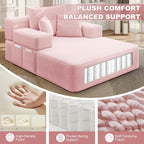 60.2" Oversized Chaise Lounge Chair, Boneless Corduroy Cloud Couch, Deep Seat Convertible Sofa Bed with 3 Pillows, Wide Armrests, Side Pocket, No Assembly (Baby Pink)