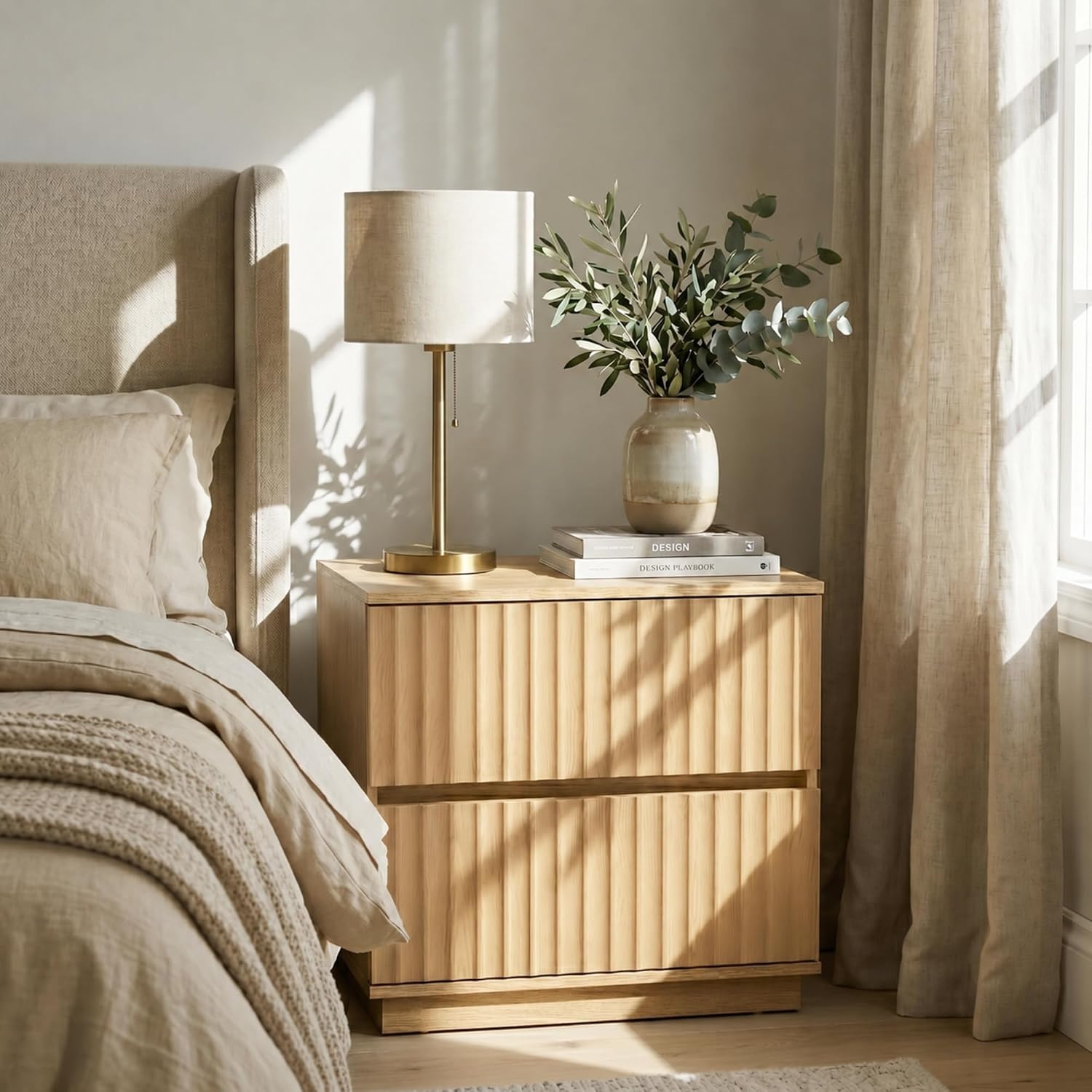 Fluted Nightstand with 2 Drawers, 23.6-Inch Wide, Natural Oak | Modern bedside table for a calm, organized bedroom; ribbed fronts, light wood tones and handleless lines add Japandi appeal