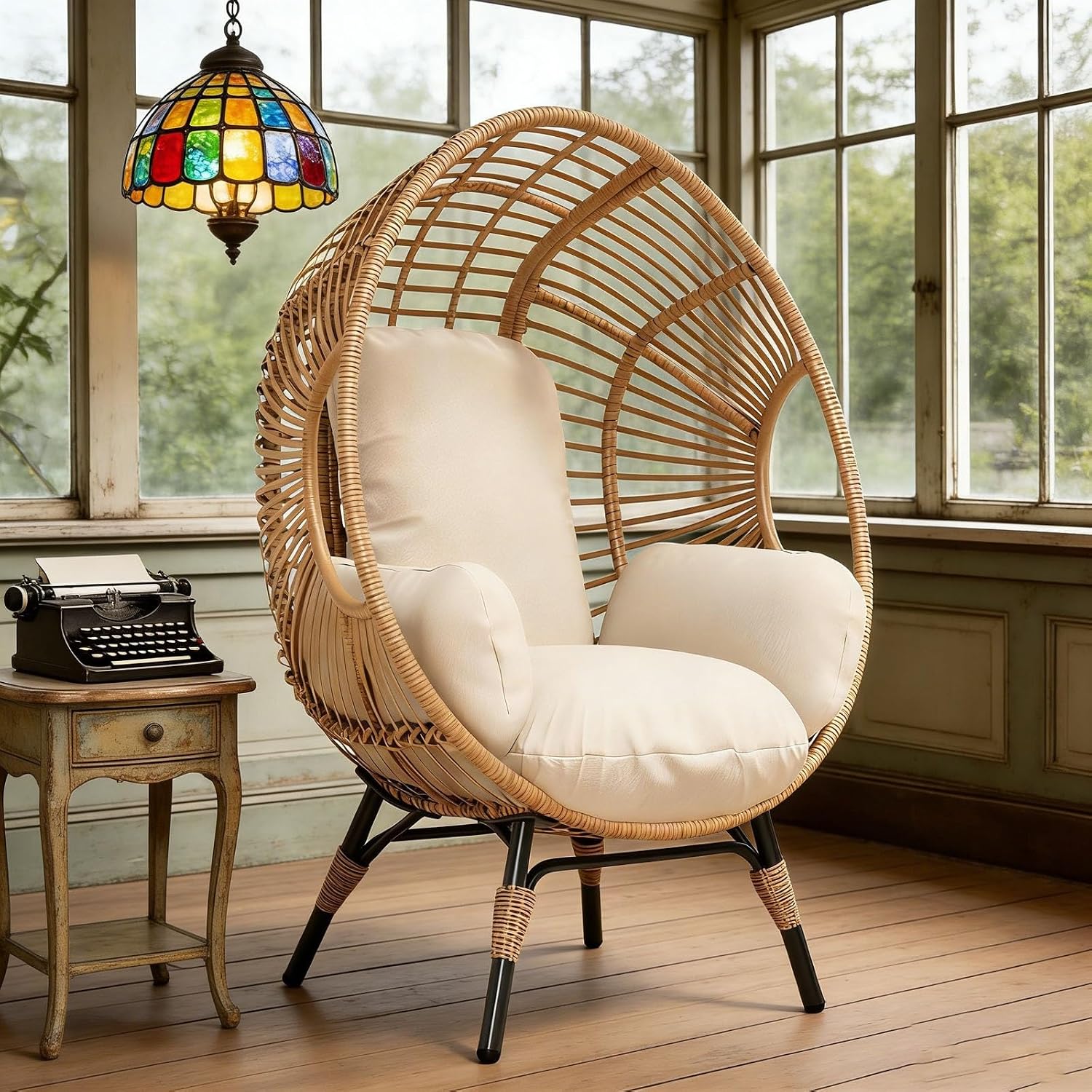 Indoor Outdoor Egg Chair, Wicker Design, 400lbs Capacity, 8-Inch Cushion Ergonomic Balcony Chairs(Natural)