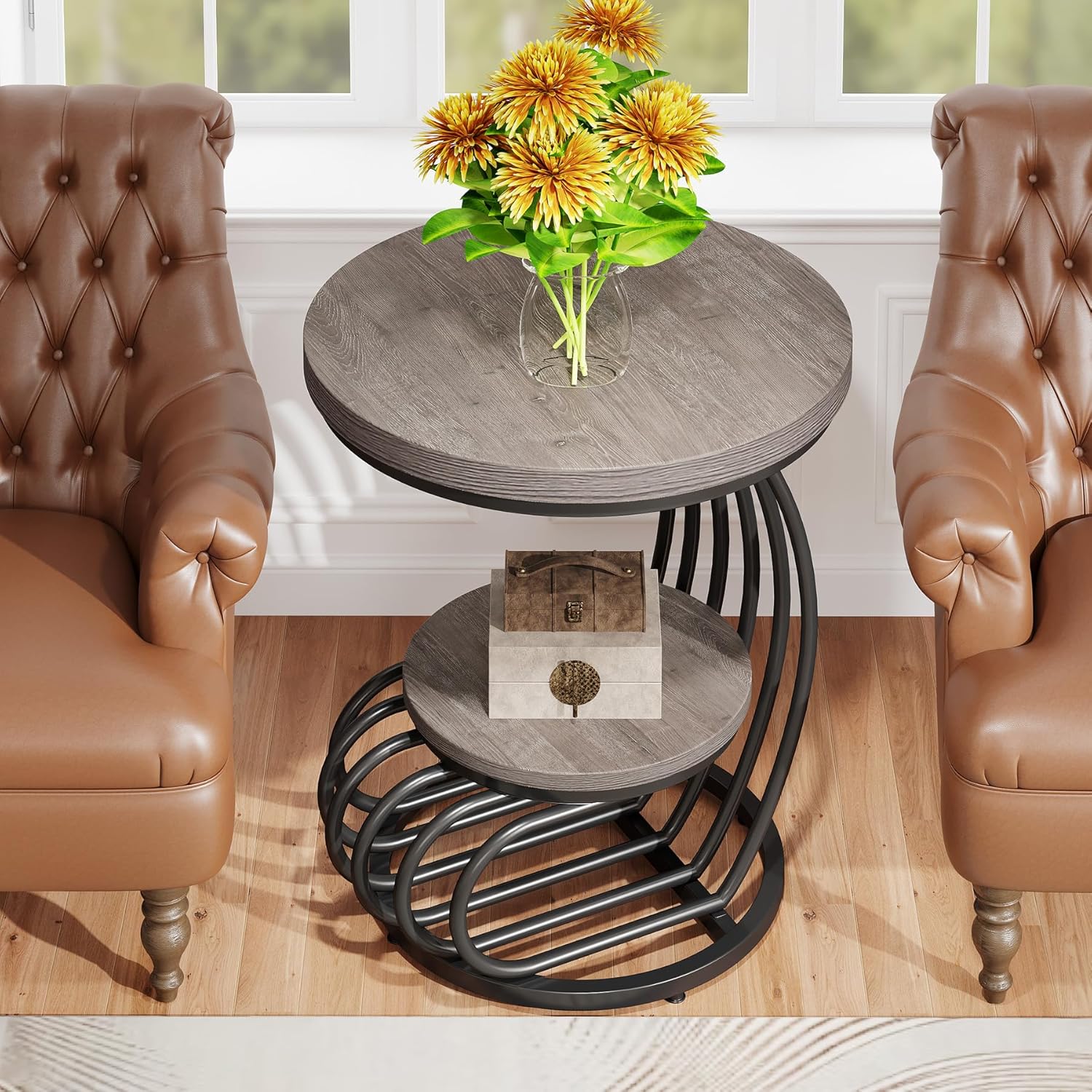 Tribesigns Round End Table: 2 Tiers Wood Side Table Set of 2 with Storage Shelf, Rustic Gray Bedside Nightstand, Accent Table for Living Room, Bedroom