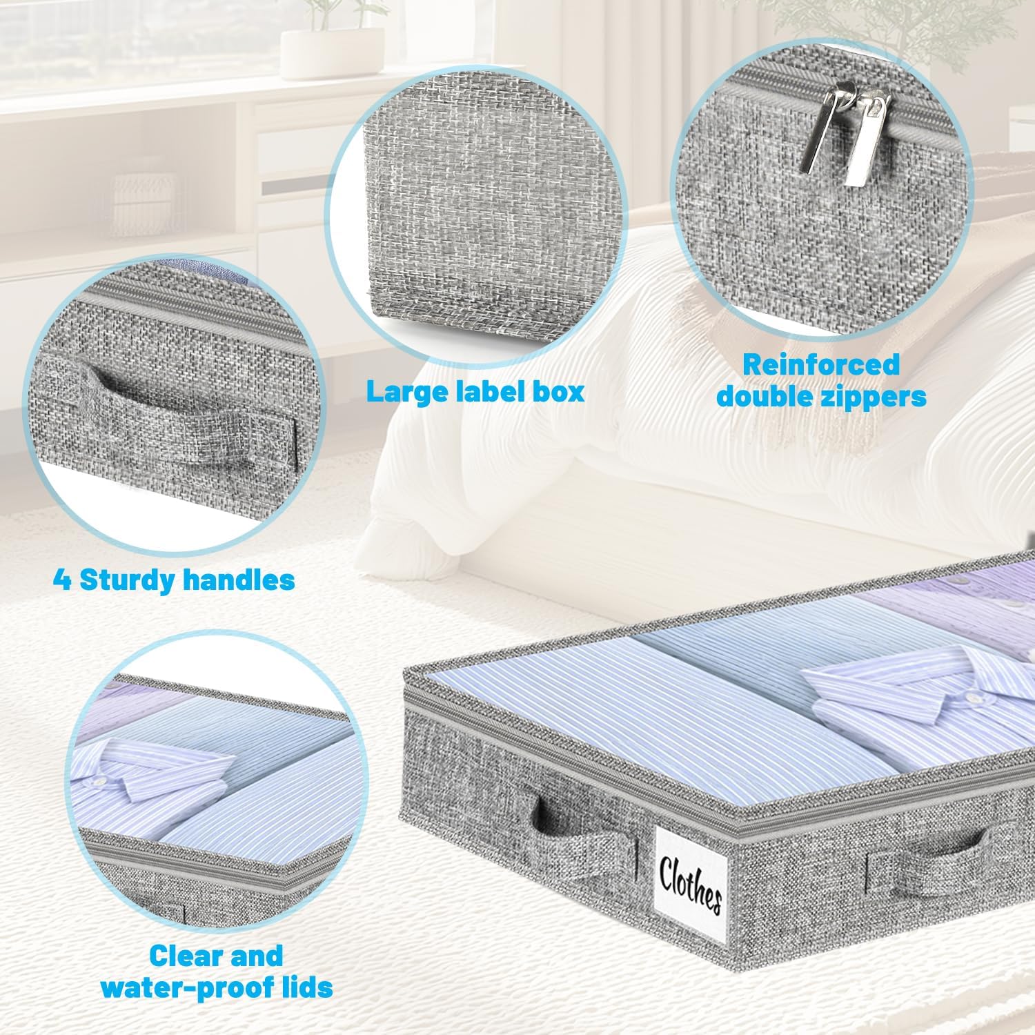 5 Inch Low Profile Under Bed Storage Drawer 2 Pack, Lightweight Underbed Clothes Storage Container Bins With NO STURCTURE, Shallow Storage Bag for Dorm & Home, With Clear Lids & Water-Resistant Fabric