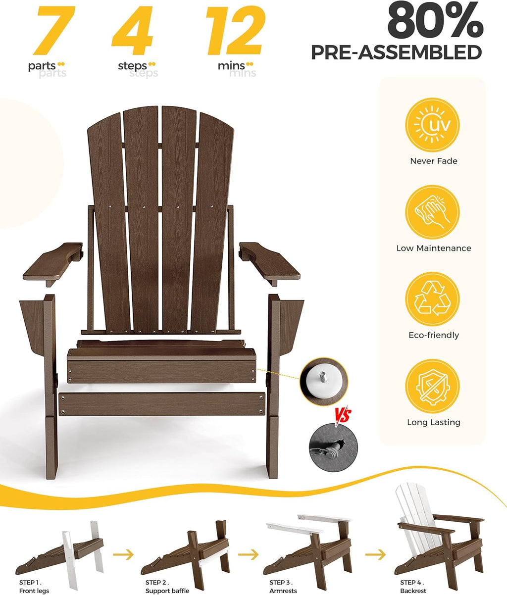 Folding Adirondack Chair Set of 4, Lightweight - Portable HDPE Patio Chair, All-Weather Space-Saving Foldable Fire Pit Seating for Camping, Backyard, Deck-Coffee