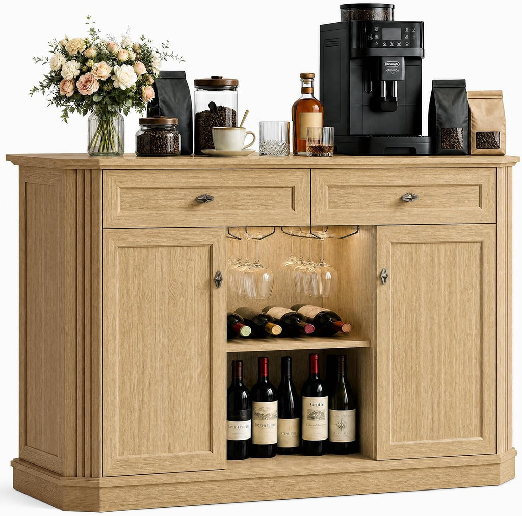Natural Oak Coffee Bar with 2 Drawers & 2 Doors, LED Wine Bar Cabinet with Wine Glasses, Coffee Station with Built-in Outlets, Buffet Cabinet Sideboard with Extra Storage for Living Room Kitchen
