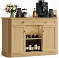 Natural Oak Coffee Bar with 2 Drawers & 2 Doors, LED Wine Bar Cabinet with Wine Glasses, Coffee Station with Built-in Outlets, Buffet Cabinet Sideboard with Extra Storage for Living Room Kitchen