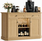 Natural Oak Coffee Bar with 2 Drawers & 2 Doors, LED Wine Bar Cabinet with Wine Glasses, Coffee Station with Built-in Outlets, Buffet Cabinet Sideboard with Extra Storage for Living Room Kitchen