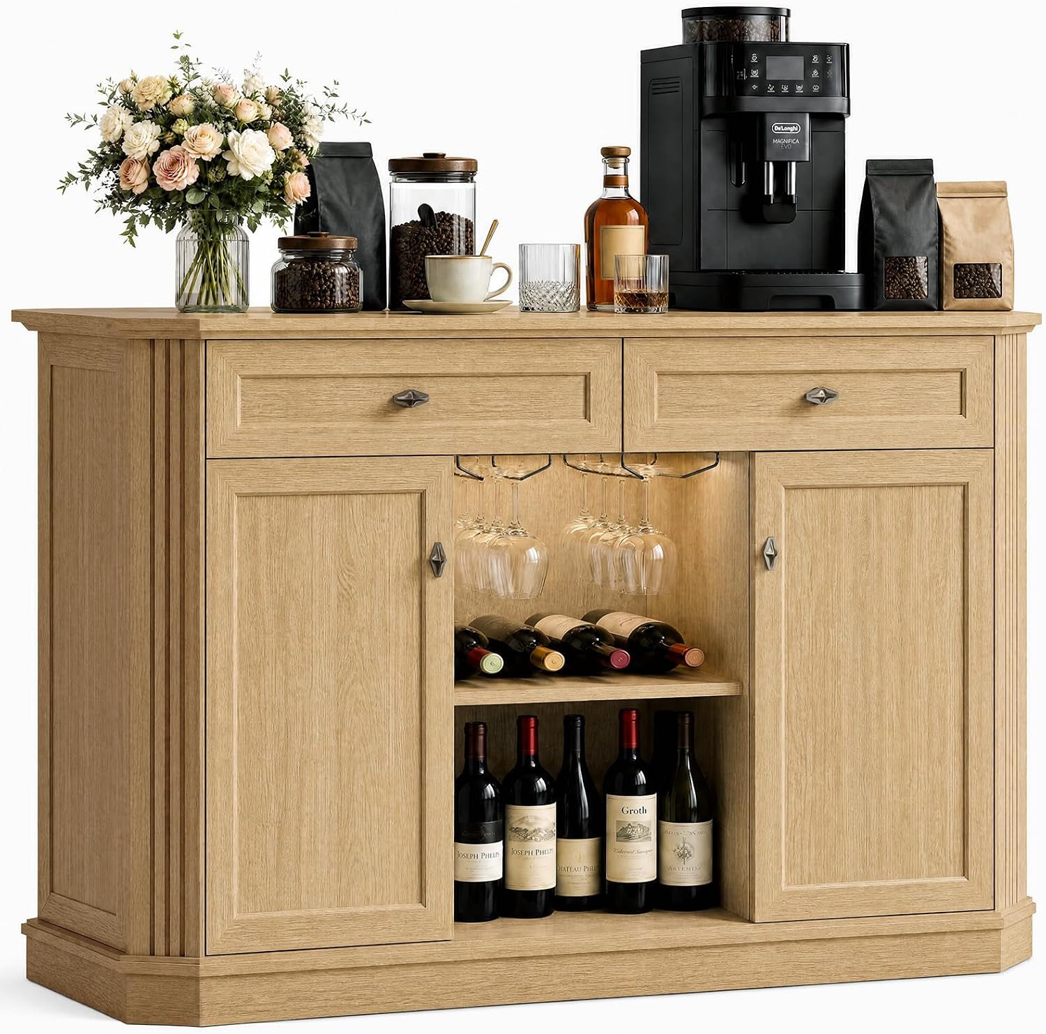 Natural Oak Coffee Bar with 2 Drawers & 2 Doors, LED Wine Bar Cabinet with Wine Glasses, Coffee Station with Built-in Outlets, Buffet Cabinet Sideboard with Extra Storage for Living Room Kitchen
