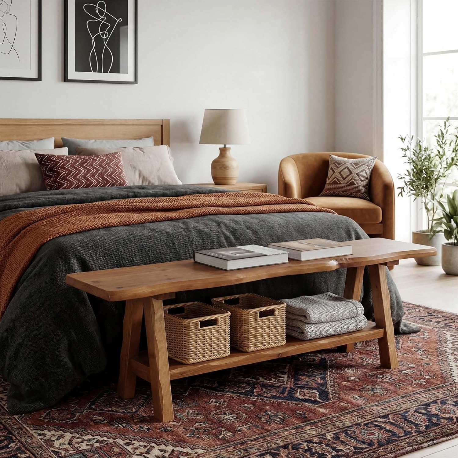 55-Inch Solid Wood Entryway Bench, Farmhouse Long End of Bed Bench with Live-Edge, Indoor Dining Seat for Entrance, Bedroom, Living Room, Dining Room, Easy Assembly, Brown