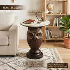 Rustic Brown Owl Accent Table - 22.83" Geometric Owl Sculpture Side Table with 17.72" Round Marble Pattern Top, Decorative Bird Statue Nightstand for Cottage & Lodge Style Interiors, 24.25 LBS