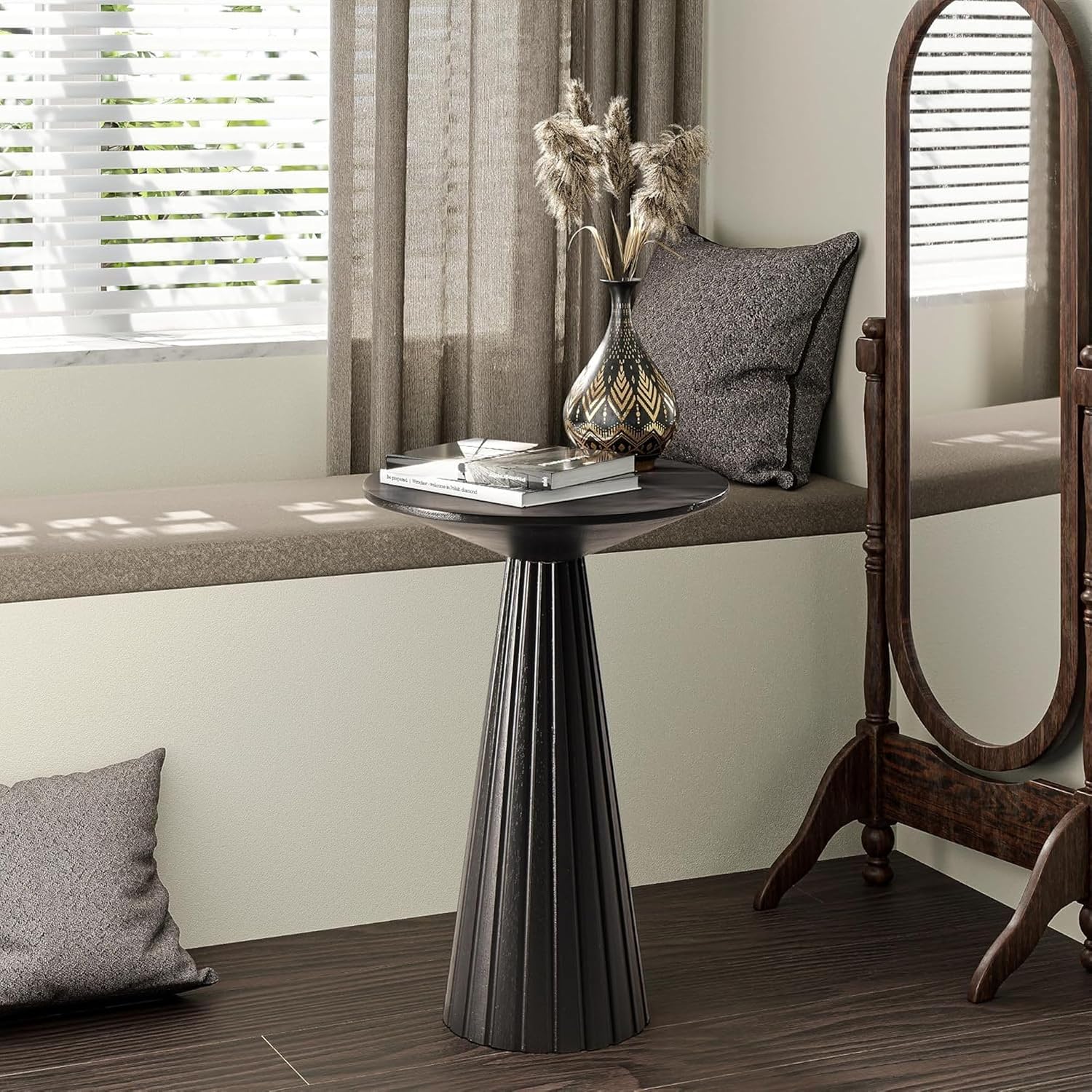 COZAYH Pedestal Small Drink Table Round Martini Table Wood Plant Stand End Table for Small Space Living Room, Bedroom, Black