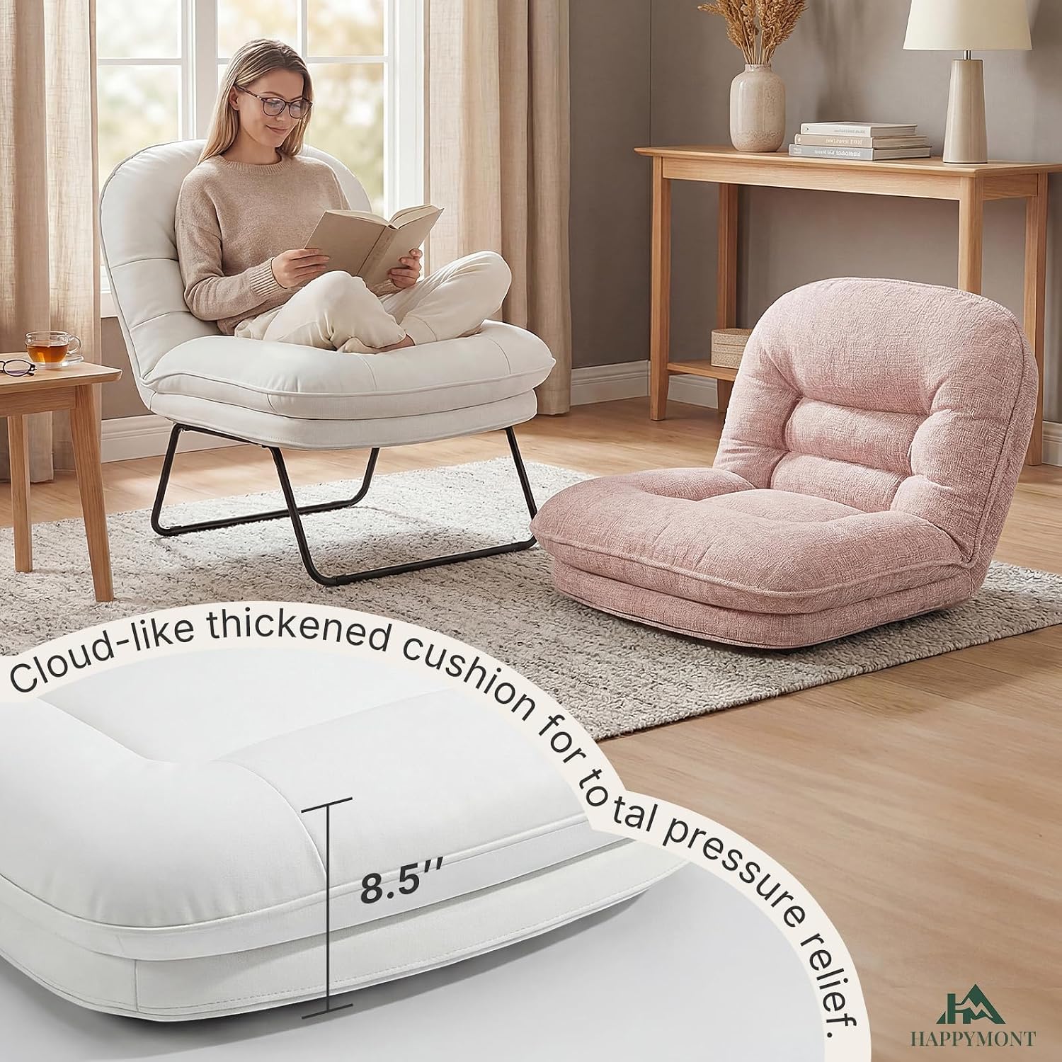 Saucer Chair, Small Foldable Chair, Folding Lounge & Floor Chairs with 6-Position Adjustable Backrest, PU Leather, for Adults, for Living Room, Bedroom, Dorm & Gaming, Beige