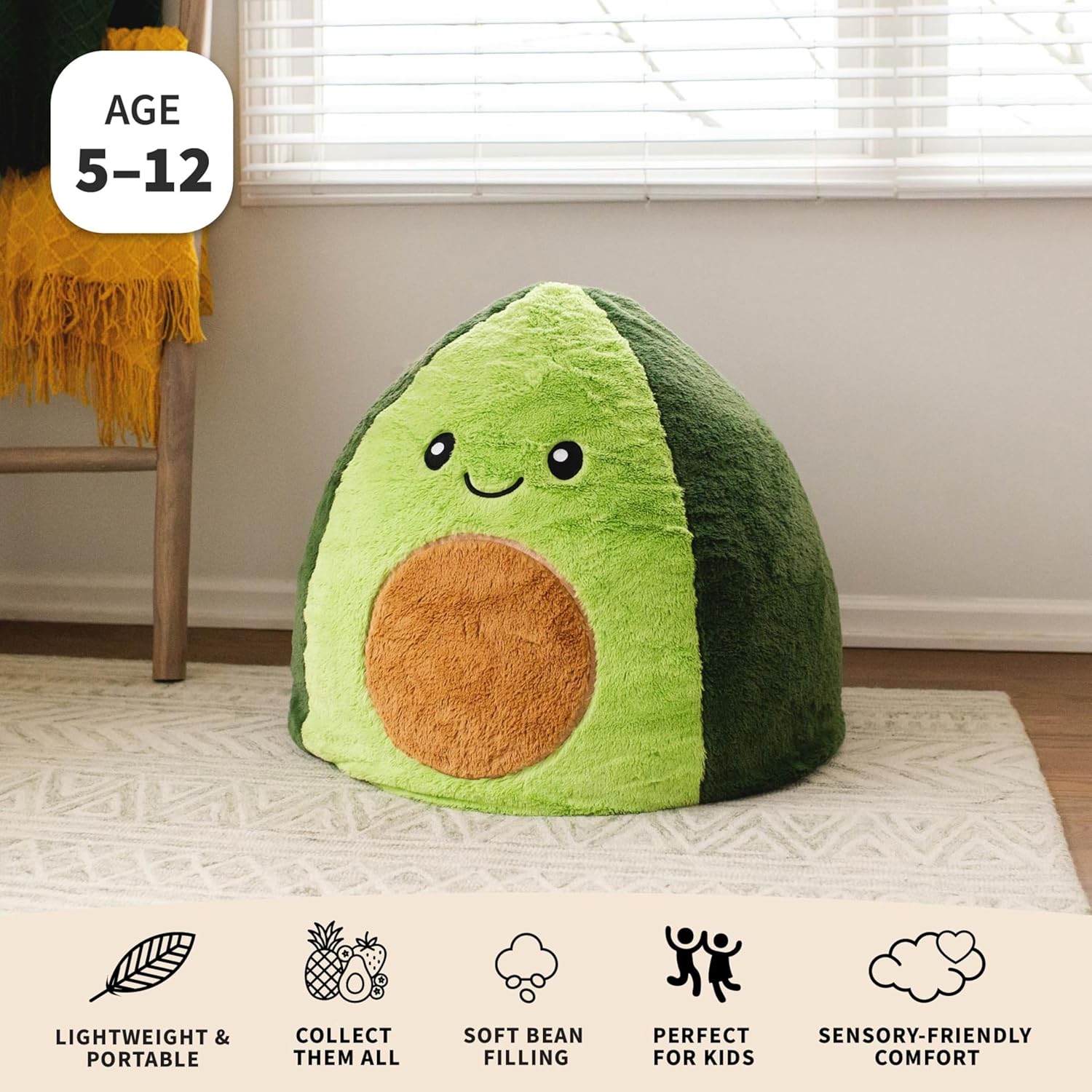 Big Joe Avocado PlushiPals Super Soft Bean Bag Chair for Kids, Ultra-Soft Plush Polyester Blend, 2.5 feet Refillable