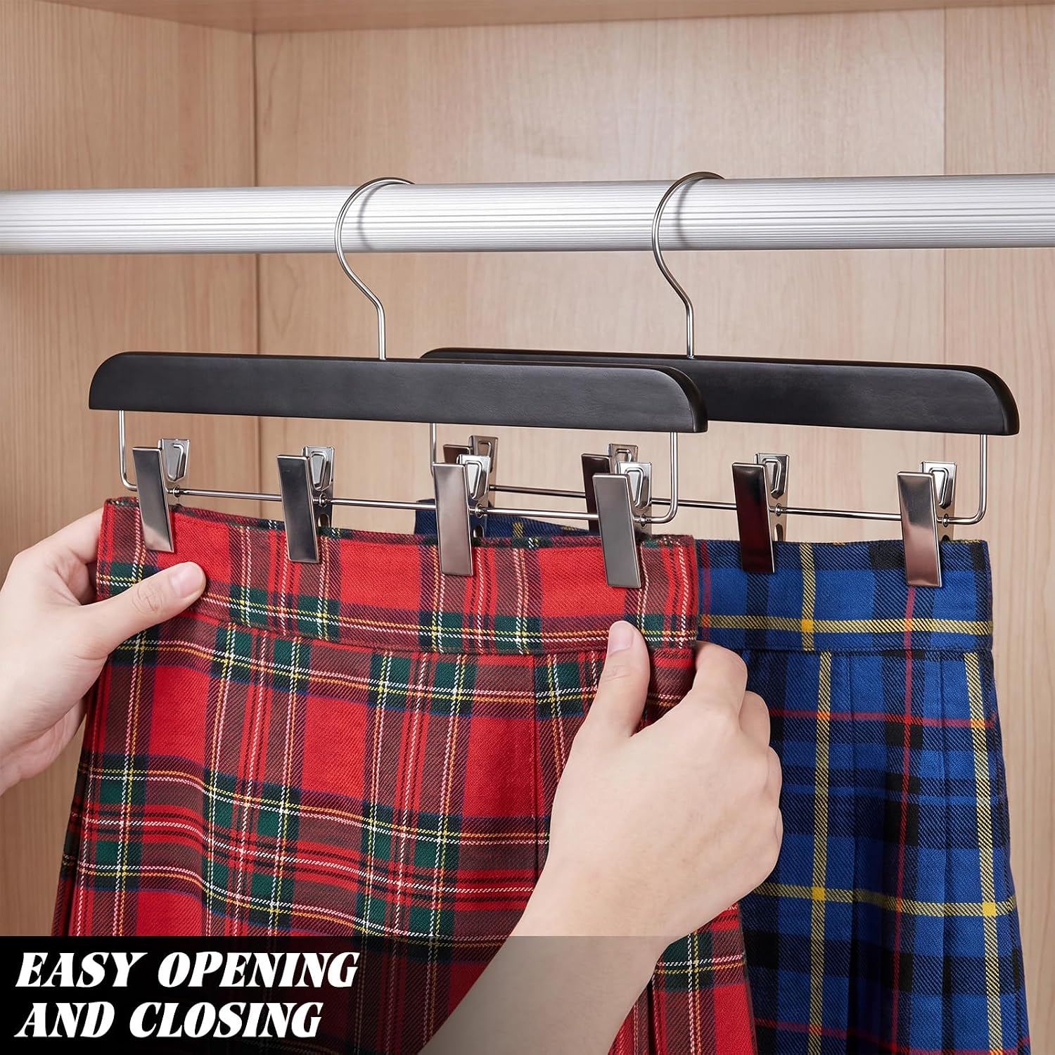 DoubleFill 1 Pcs Kilt Hanger 15.8 Inches Wooden Duty Skirt Hangers with 4 Clips for Closet (Black)