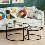 Modern Nesting Glass Coffee Table Set of 2, Round Tempered Glass Coffee Table for Living Room & Bedroom, Space-Saving Design with Adjustable Feet (Large Size + Black Frame)