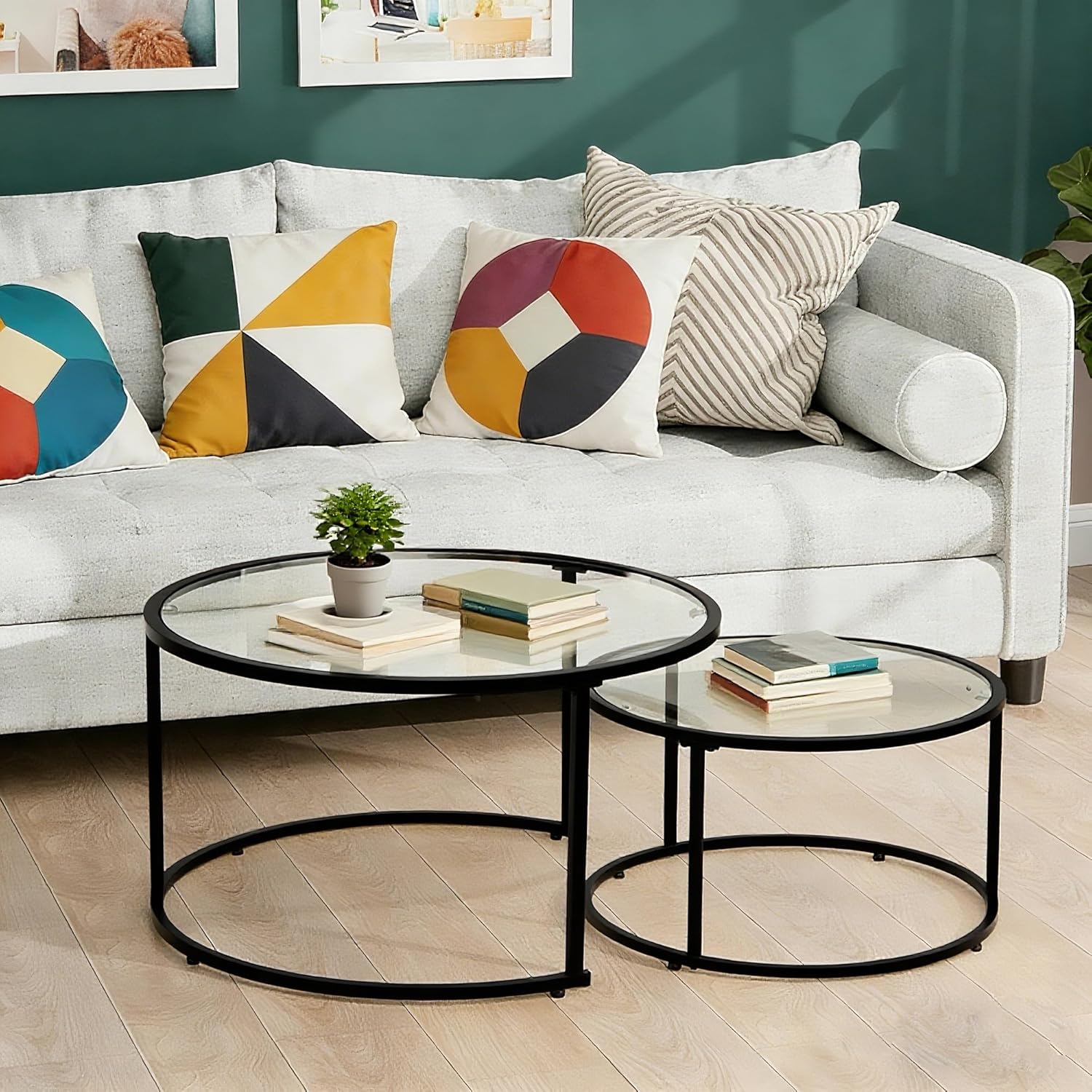 Modern Nesting Glass Coffee Table Set of 2, Round Tempered Glass Coffee Table for Living Room & Bedroom, Space-Saving Design with Adjustable Feet (Large Size + Black Frame)