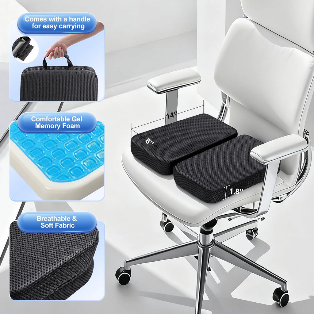 Gel Memory Foam Seat Cushion with Washable Cover Non-Slip Thick Chair Cushion with Portable Handle & Storage Pocket Adjustable Chair Pad for Long Sitting (Black)