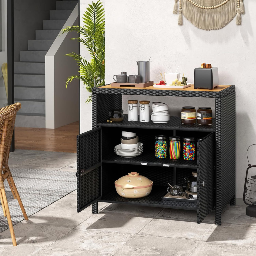 Tangkula Rattan Outdoor Storage Cabinet, Patiojoy Outdoor Cabinet with Acacia Wood Countertop, Open Compartment, 2-Door Wicker Sideboard, Outdoor Bar for Patio Garden Backyard Poolside (Black)