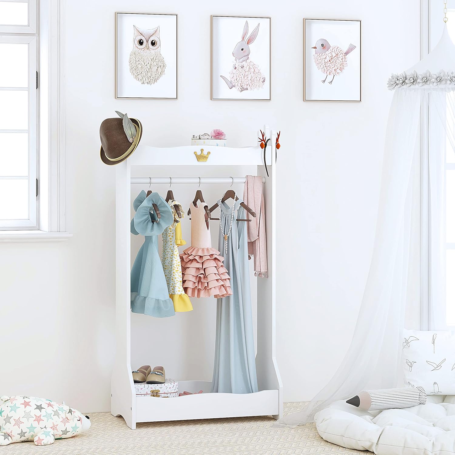 UTEX Kids Dress Up Storage, Kids' Costume Organizer Center, Open Hanging Armoire Closet, Kids Armoire with Rack for Toddler 3 Age+, White