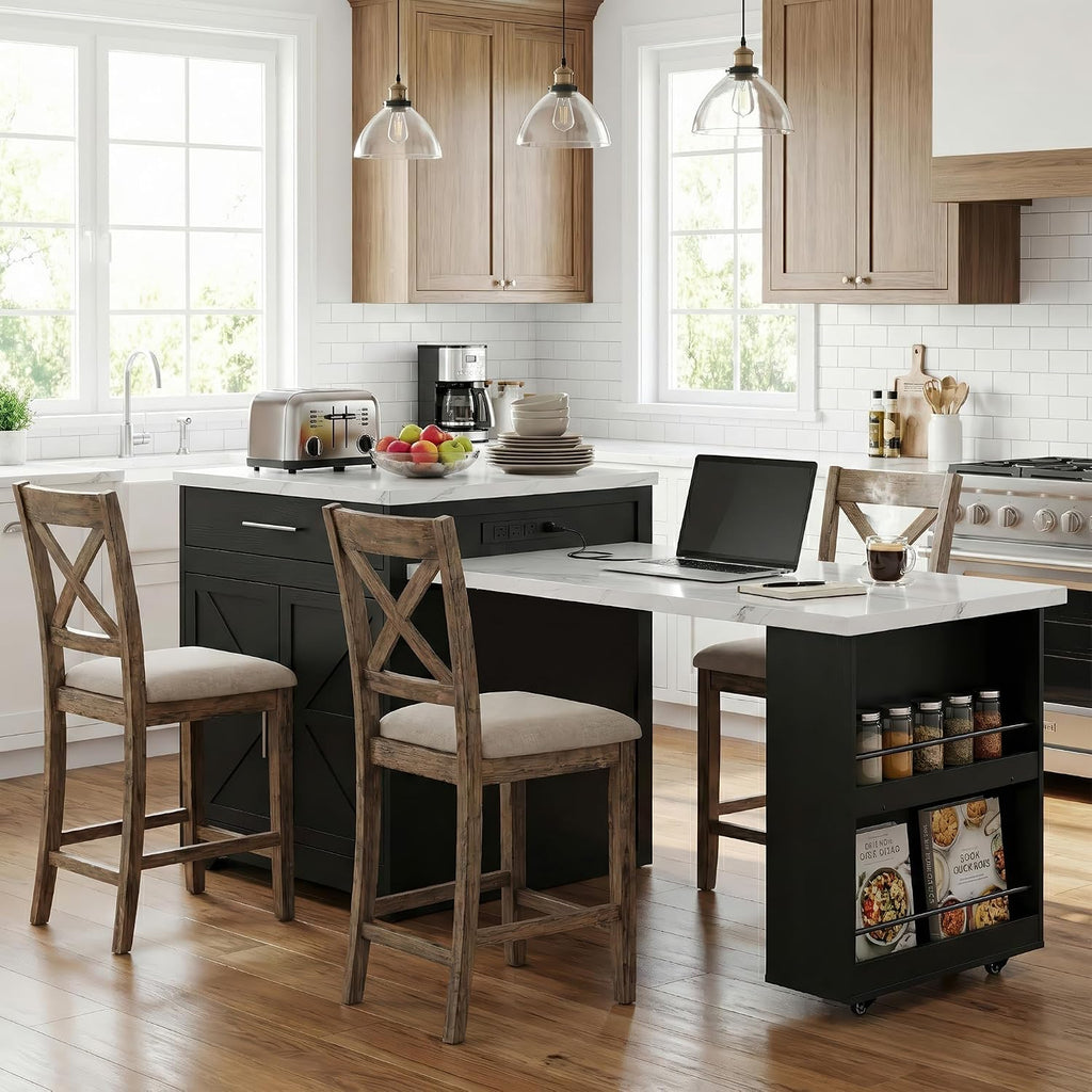 Kitchen Island with Extendable Dining Table for 4-6, Farmhouse Rolling Mobile Center Islands with Storage, Wine Glass Rack, Charging Station, 2 Drawers 2 Side Open Shelves, White marble-patterned