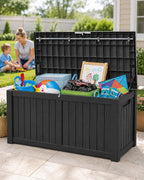 155 Gallon Waterproof Outdoor Storage Box, Large Lockable Deck Box, Indoor Outdoor Resin Storage Bench with Hydraulic Rod for Patio Furniture/Cushions/Garden Tools/Backyard/Pool Accessories, Black
