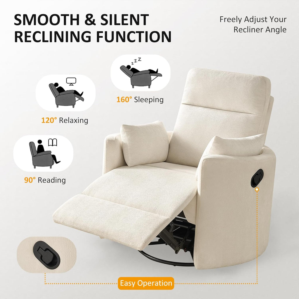 Nursery Rocking Chair, Oversized 360° Swivel Glider Recliner Chair, Chenille Silent Nursery Rocker with 2 Pillows and Footrest, Cozy Reclining Sofa for Living Room, Bedroom, Nursing, Beige