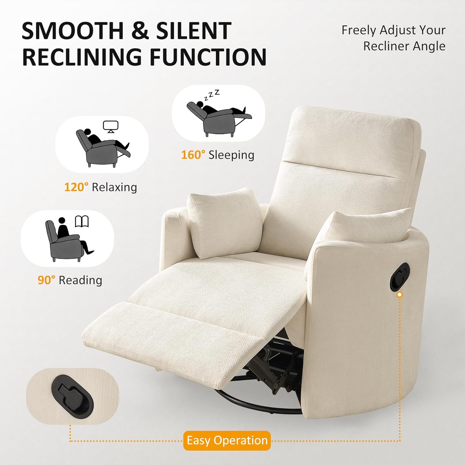 Nursery Rocking Chair, Oversized 360° Swivel Glider Recliner Chair, Chenille Silent Nursery Rocker with 2 Pillows and Footrest, Cozy Reclining Sofa for Living Room, Bedroom, Nursing, Beige