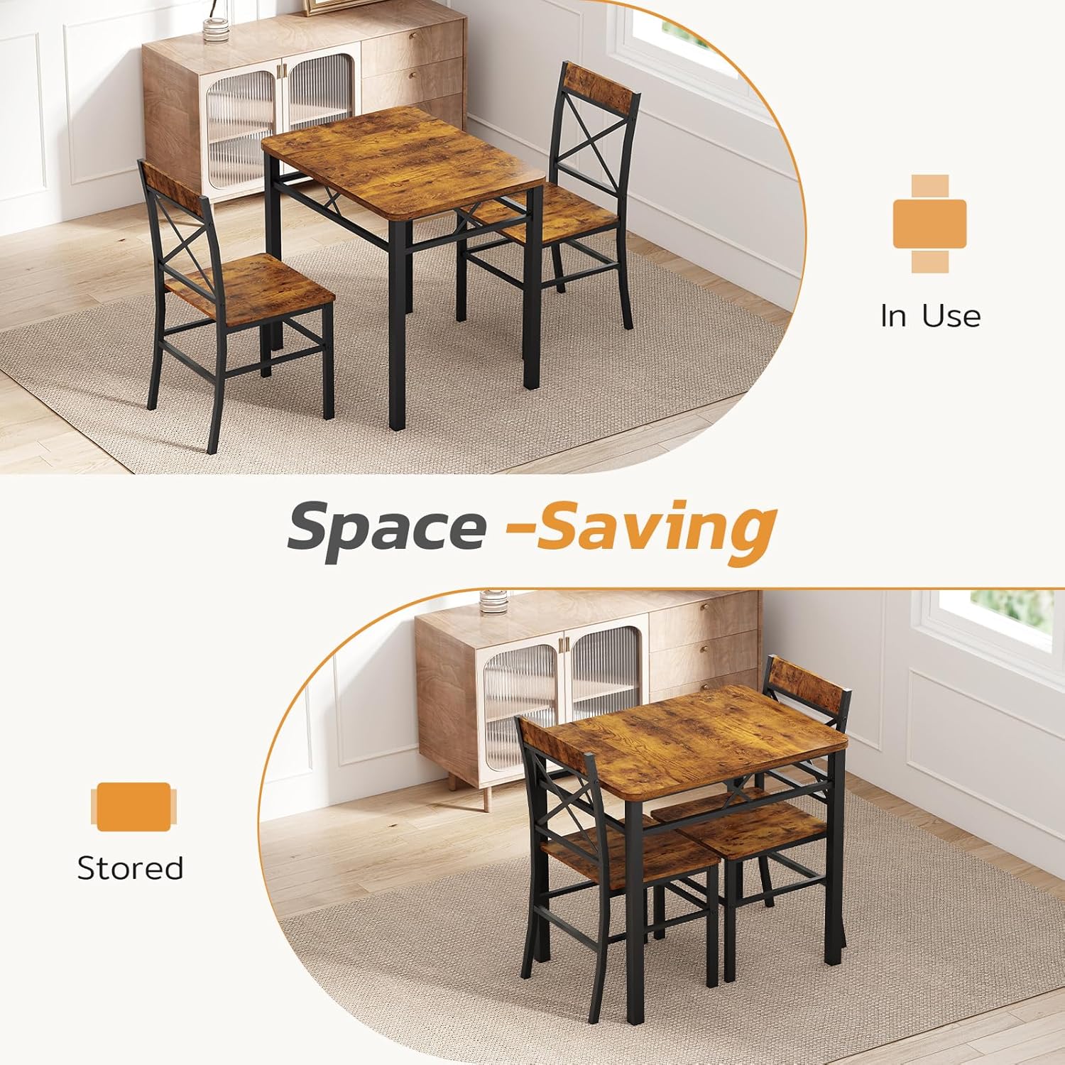 Zevemomo 3-Piece Dining Table Set, Dining Table for 2, Small Table and Chairs Set of 2, Breakfast Nook Table Set with 2 Curved Backrest Chairs, for Small Spaces & Apartment-Brown