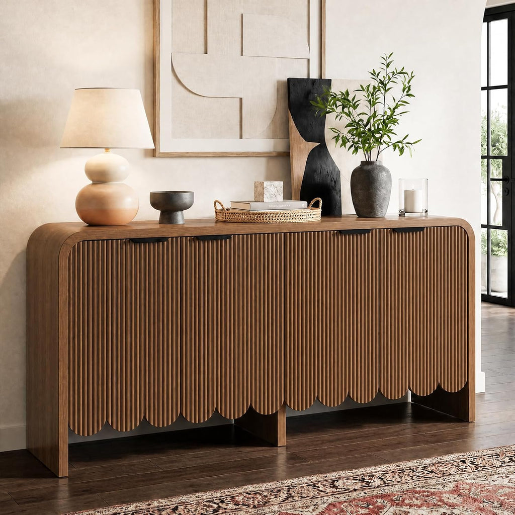 Walnut Sideboard Buffet Cabinet, Wood Storage Credeza with 4 Doors and Adjustable Shelves, Mid-Century Console Cabinet for Living Room, Kitchen, Hallway, Entrway (Walnut)