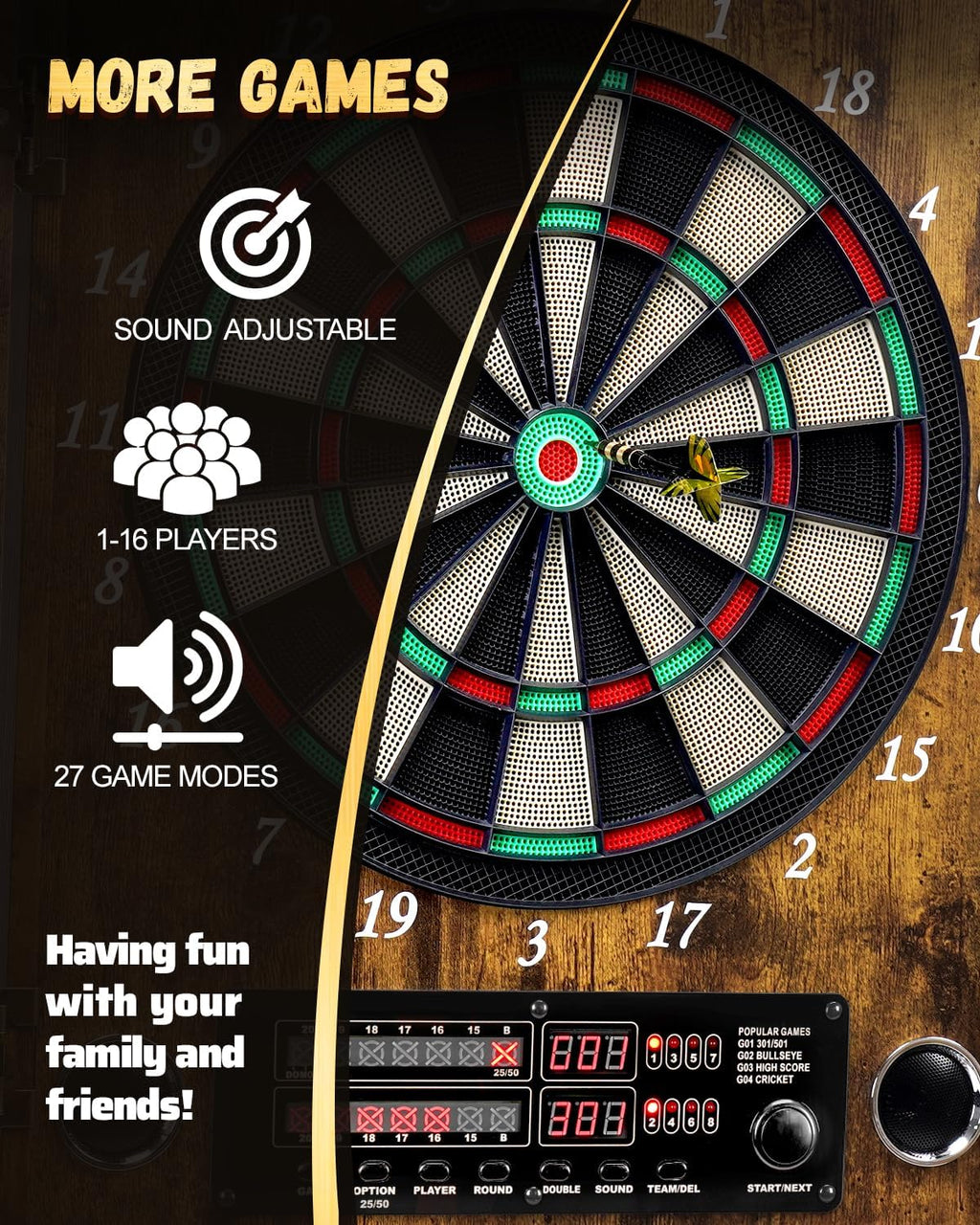 Electronic Dart Board, Decorative Dart Board Cabinet for Adults | [12*Bronze Soft Tip Darts] [Cricket Game Mode]- Wooden Electric Dartboard Cabinet for Family Game Rooms [VINTAGE]