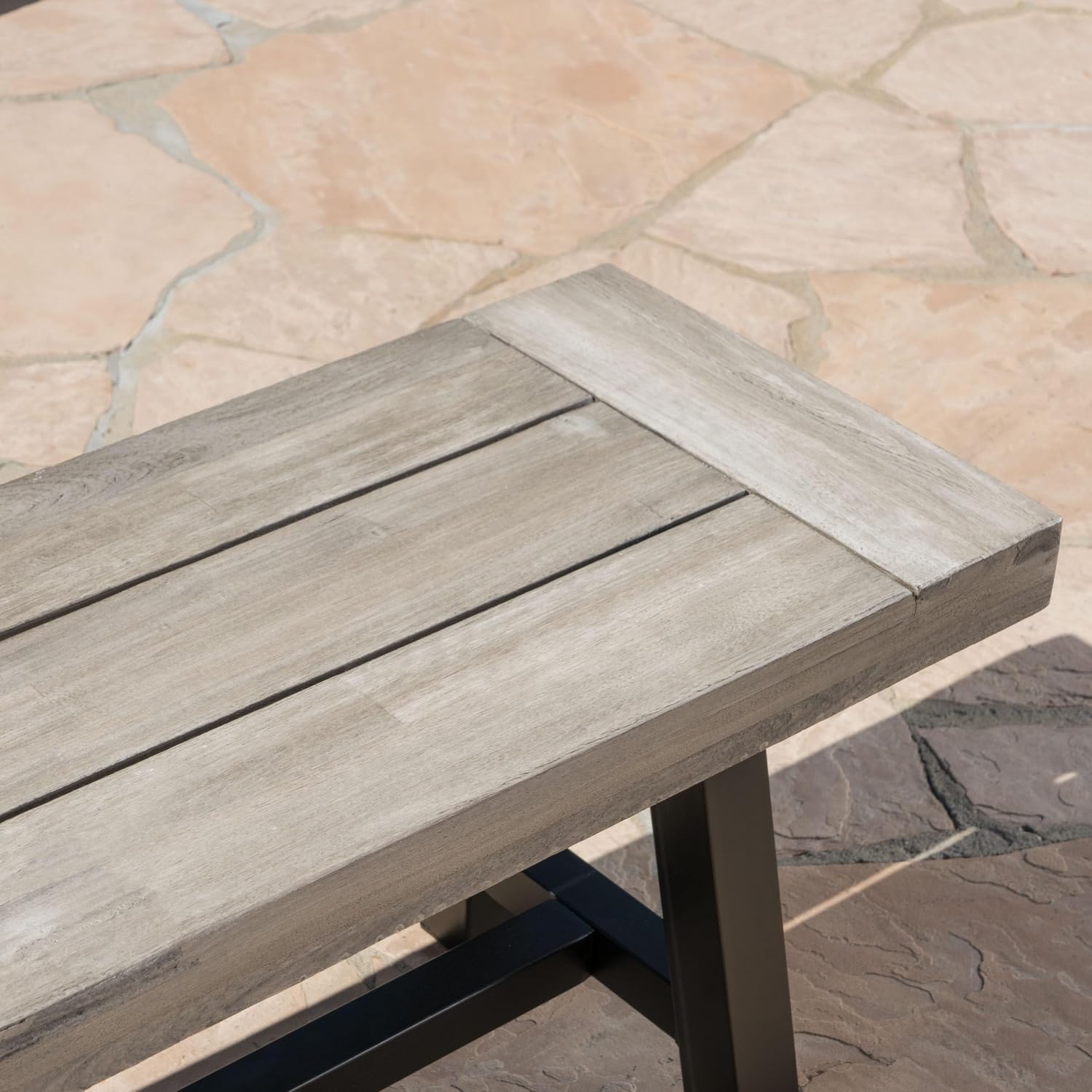 Light Grey Sandblast Finish Acacia Wood Dining Bench with Black Rustic Metal Finish Frame