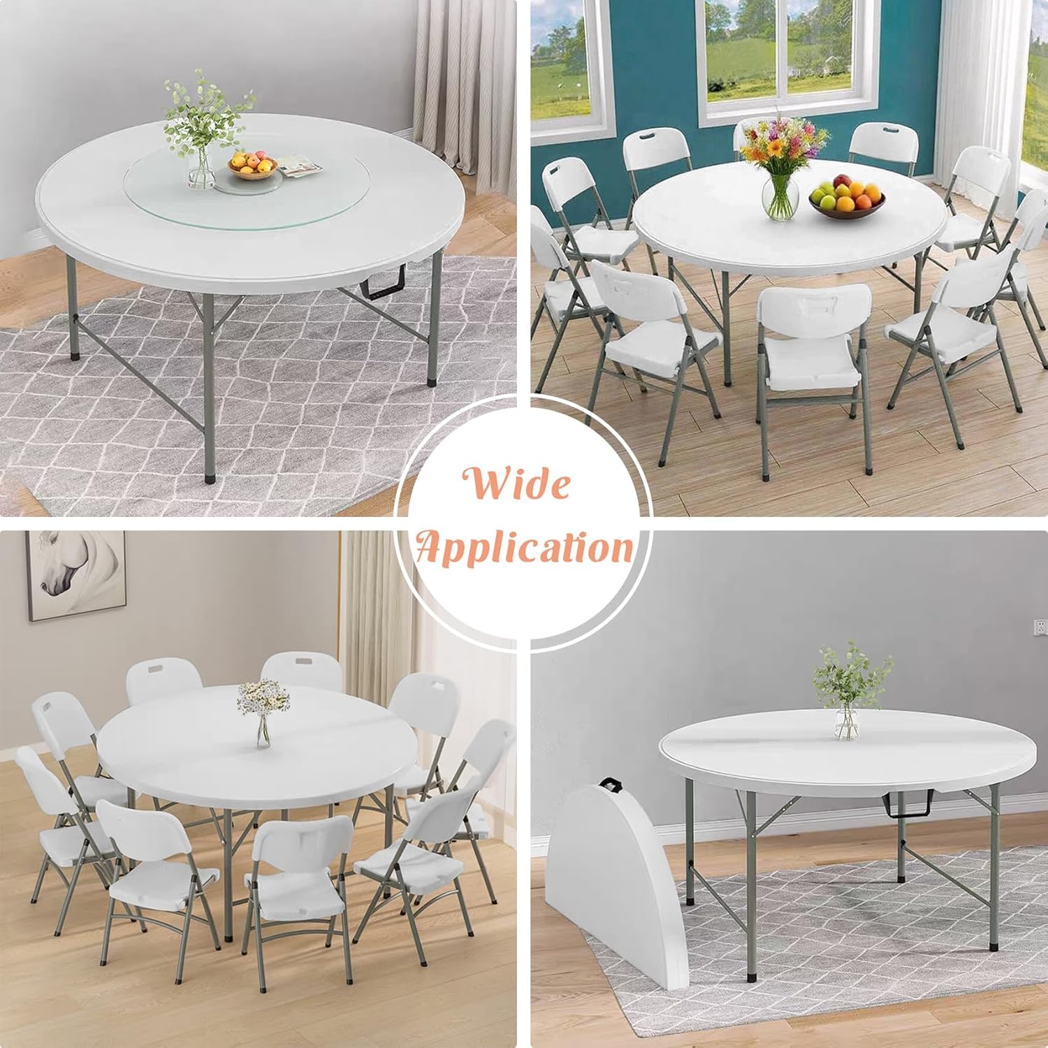 5 FT Round Folding Tables with Carrying Handle 60 inch Heavy Duty Portable Plastic Commercial Table Steel Legs for Party, Dining, Wedding, Events, Picnic Indoor, Outdoor (White,1 Pack)
