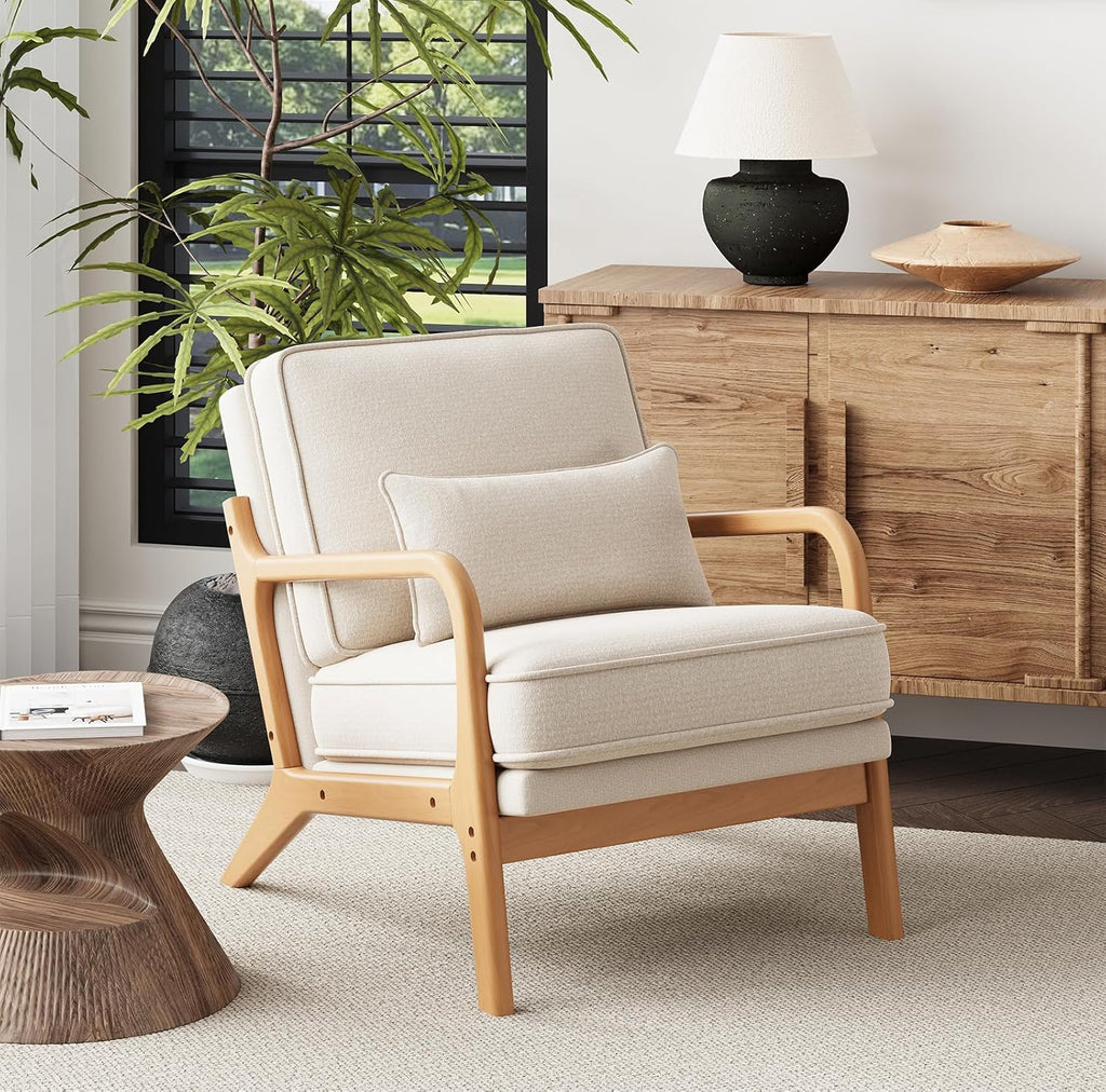 MALOL Mid-Century Accent Chair Set of 2 with Solid Wood Frame, Reading Relaxing Armchair Lumbar Pillow& Soft Cushion, Leisure Chair for Living Room, Bedroom, Waiting Room-Beige