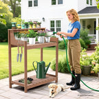 ONBRILL HDPS Potting Bench, All Weather Potting Table with 8 Hooks and Highten Tabletop, Easy Assembly Garden Work Bench, Outdoor Potting Benches for Outside Patio Lawn, 360LBS Capacity, Teak