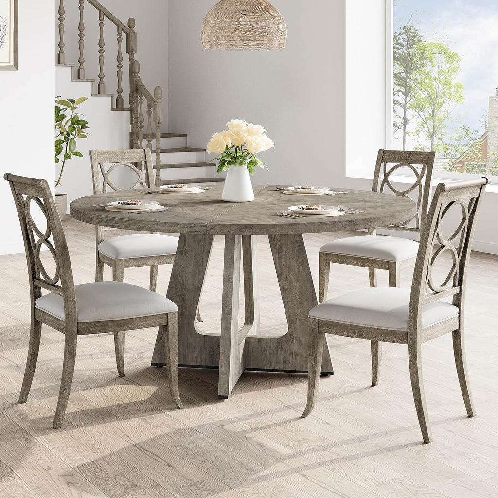 47" Round Farmhouse Dining Table, Seats 4–6, Wood Top & Legs, Sturdy Kitchen Table for Home, Dining Room, or Living Room – Grey (No Chairs)