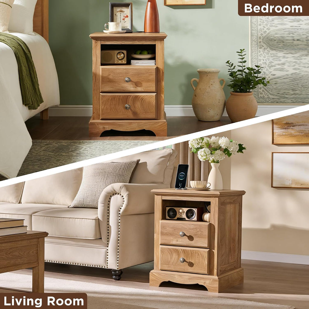 T4TREAM 18" Vintage Nightstand with Charging Station, Light Knotty Oak | Rustic 2 Drawers & Open Storage Shelf Wood Rustic Sofa Side Table