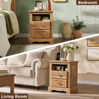 T4TREAM 18" Vintage Nightstand with Charging Station, Light Knotty Oak | Rustic 2 Drawers & Open Storage Shelf Wood Rustic Sofa Side Table