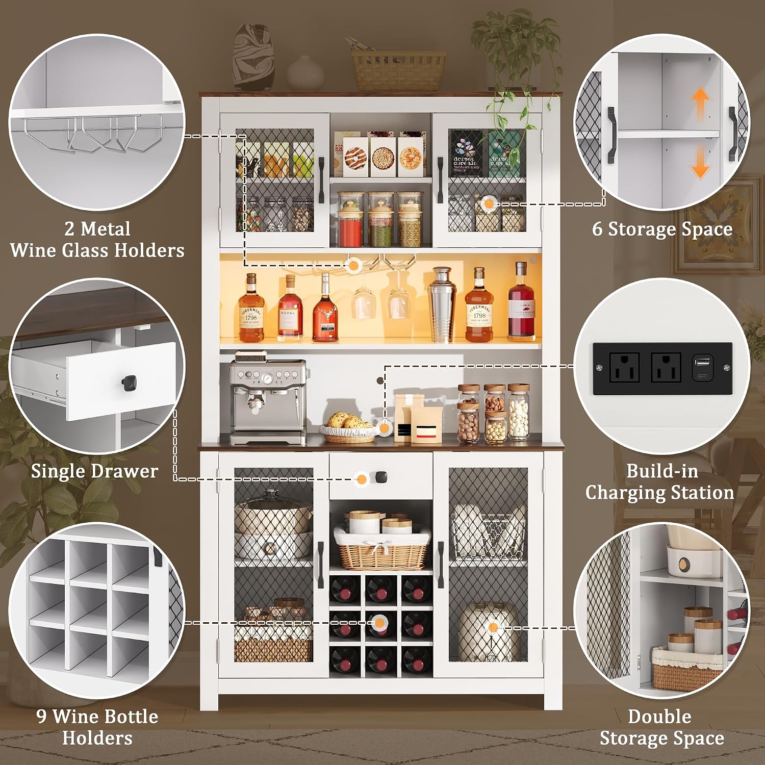 Homy Casa 71" Tall Pantry Cabinet with Hutch 47.1" Wide Buffet Sideboard with Wine Rack Glass Holders Drawer LED Lights and Charging Station for Kitchen Dining Room and Living Room