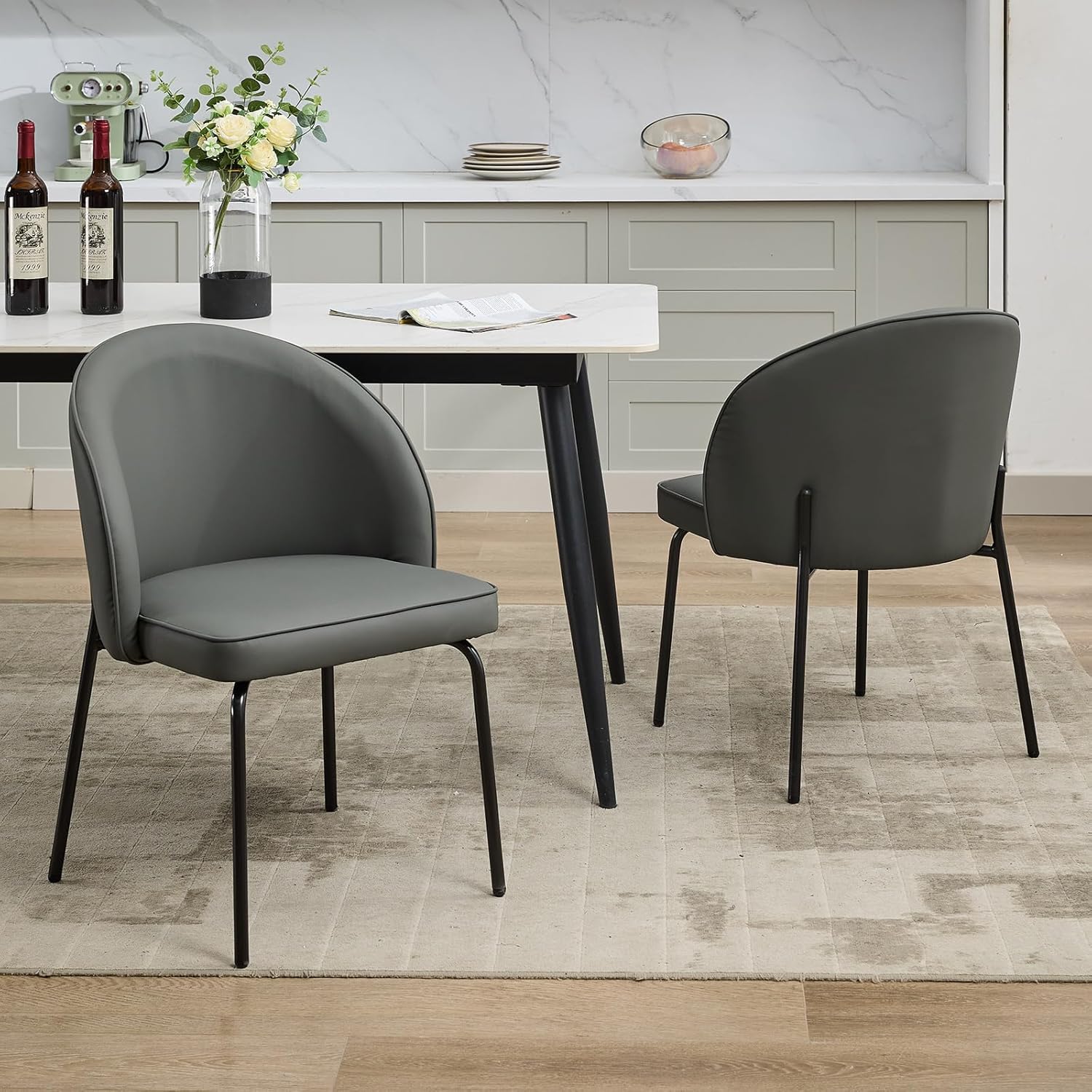 Upholstered Dining Chairs Set of 2, Modern Faux Leather Kitchen Dining Room Side Chairs with Metal Legs (Grey)