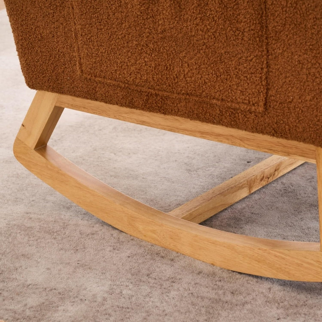Upholstered Rocking Armchair with Footrest 39.76" High Back Teddy Fabric Rocker Chair with Side Storage Pocket and Rubber Wood Base for Living Room Bedroom Nursery (Caramel)