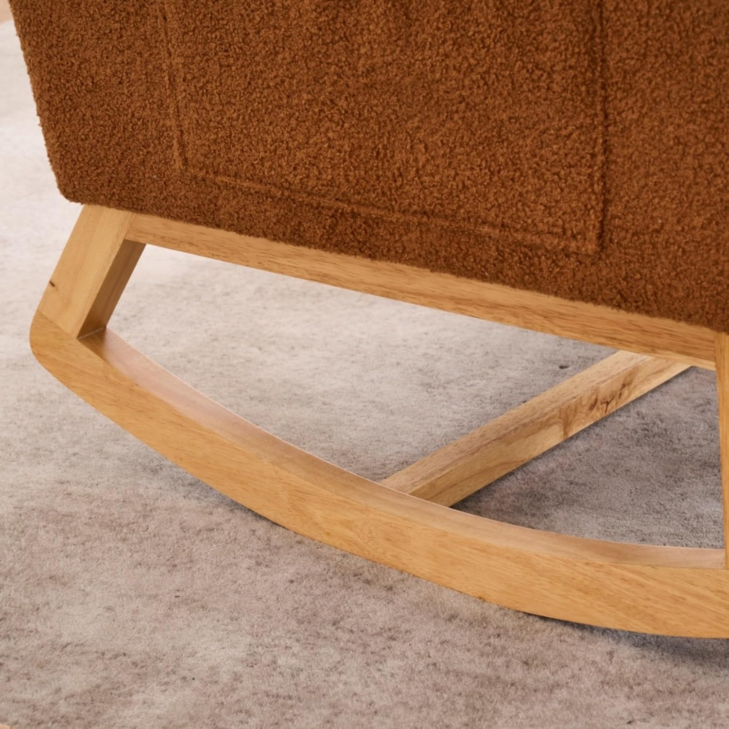 Upholstered Rocking Armchair with Footrest 39.76" High Back Teddy Fabric Rocker Chair with Side Storage Pocket and Rubber Wood Base for Living Room Bedroom Nursery (Caramel)
