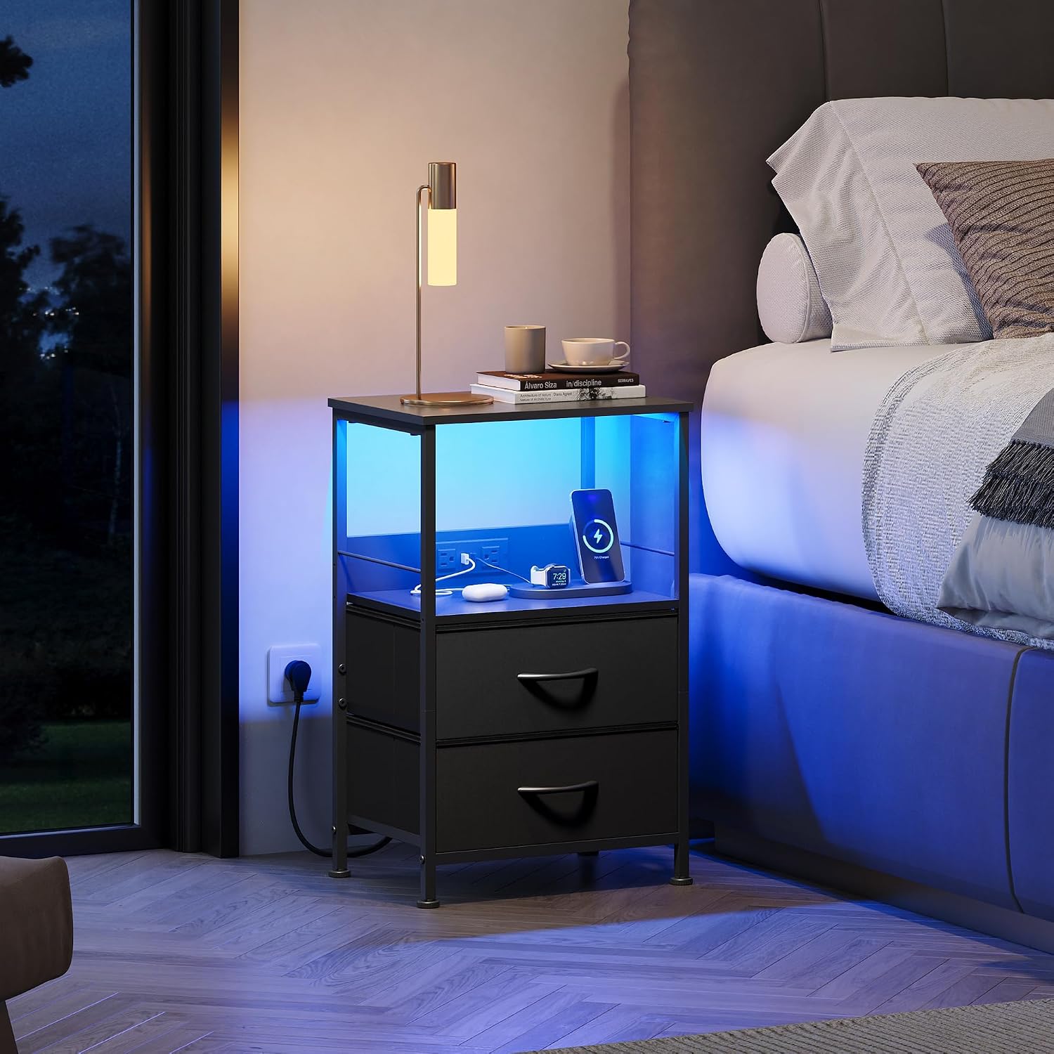 WLIVE LED Night Stand with Charging Station, Black Nightstand with 2 Fabric Drawers and Storage Shelf, Dorm Bedside Table End Table with 2 USB Ports and Outlets, Small Dresser for Bedroom
