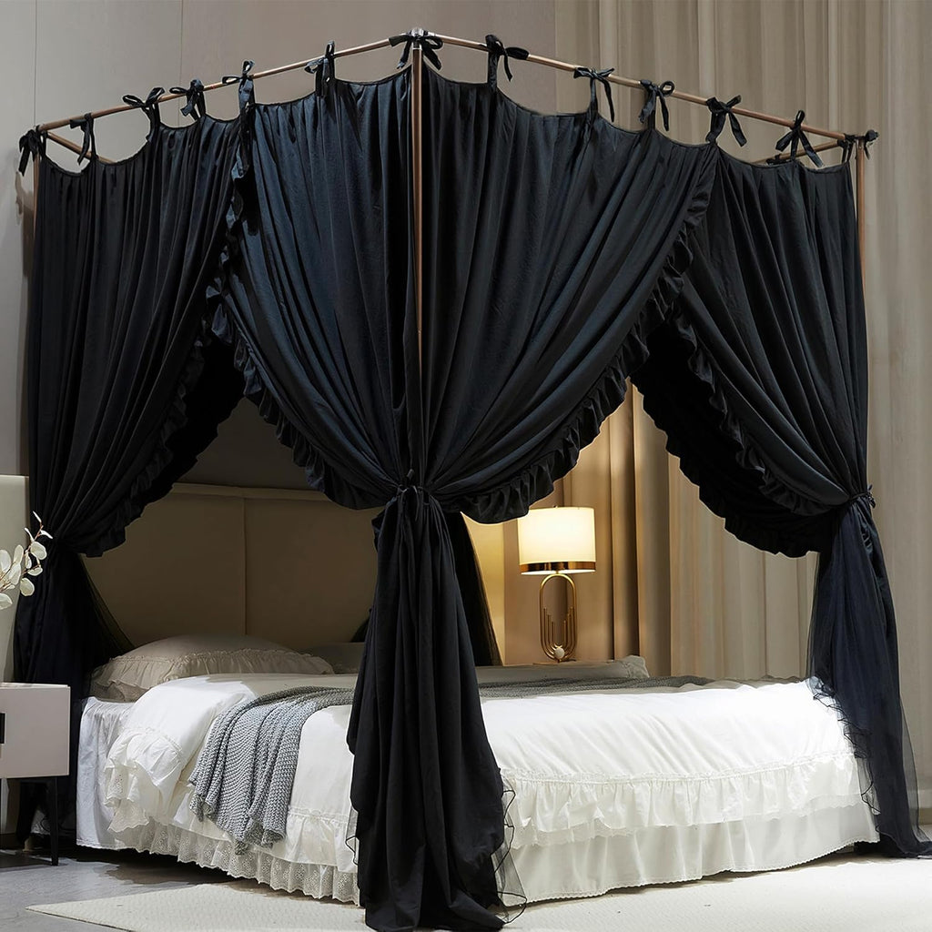 AIOOO 4 Corners Post Princess Curtain Bed Canopy Double Layer Cozy Mosquito Net Mesh and Cloth for Adults Bedroom Decoration (Double-Black/Black, 64" W*82" L*82"*H/(Queen))