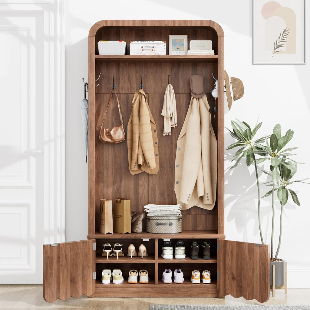 Narrow Hall Tree with Bench and Shoe Storage, Arched Entryway Coat Rack with Adjustable Shoe Cabinet,8 Hooks, Modern Rustic Mudroom Storage Organizer with Scalloped Wave Fluted Doors (Walnut)